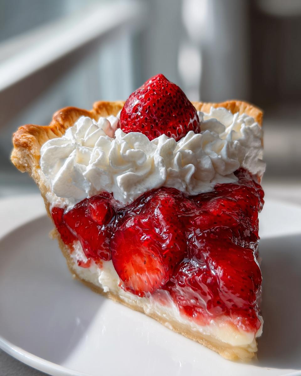 A decadent slice of strawberry pie topped with whipped cream and a whole strawberry.