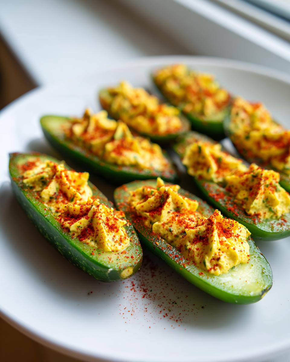 Close-up of halved cucumbers stuffed with yellow deviled pickles filling and sprinkled with paprika.