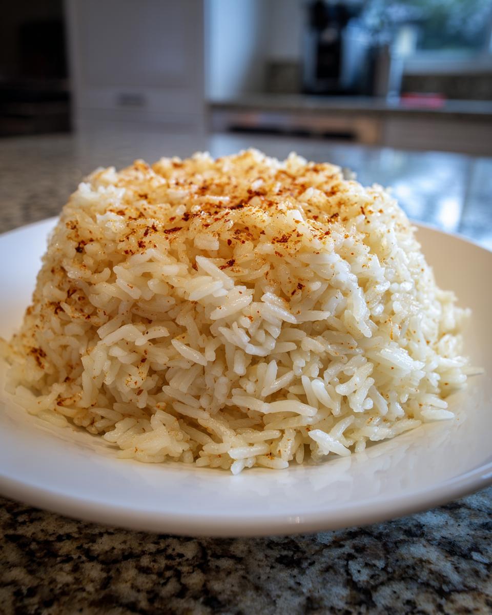A perfectly molded mound of fluffy white texas roadhouse seasoned rice topped with visible seasoning blend.