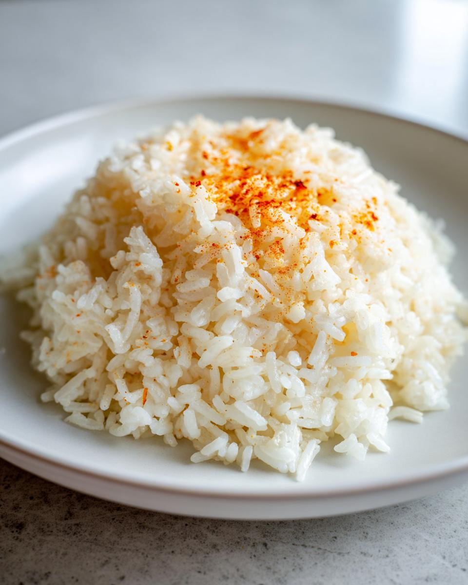 A close-up of a mound of fluffy white rice, resembling texas roadhouse seasoned rice, topped with a sprinkle of red seasoning.