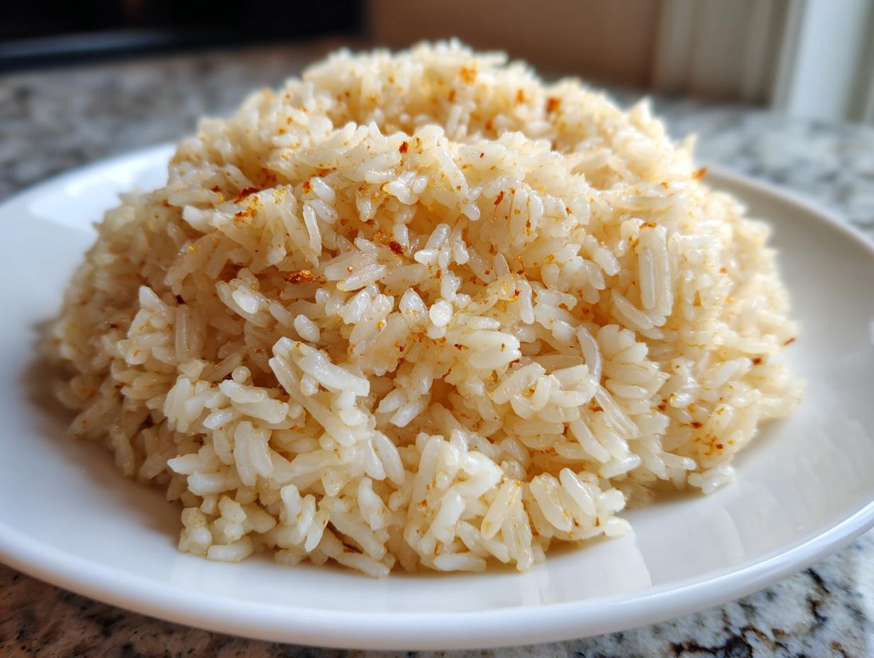 A close-up of a perfectly molded serving of fluffy texas roadhouse seasoned rice sprinkled with visible spices.