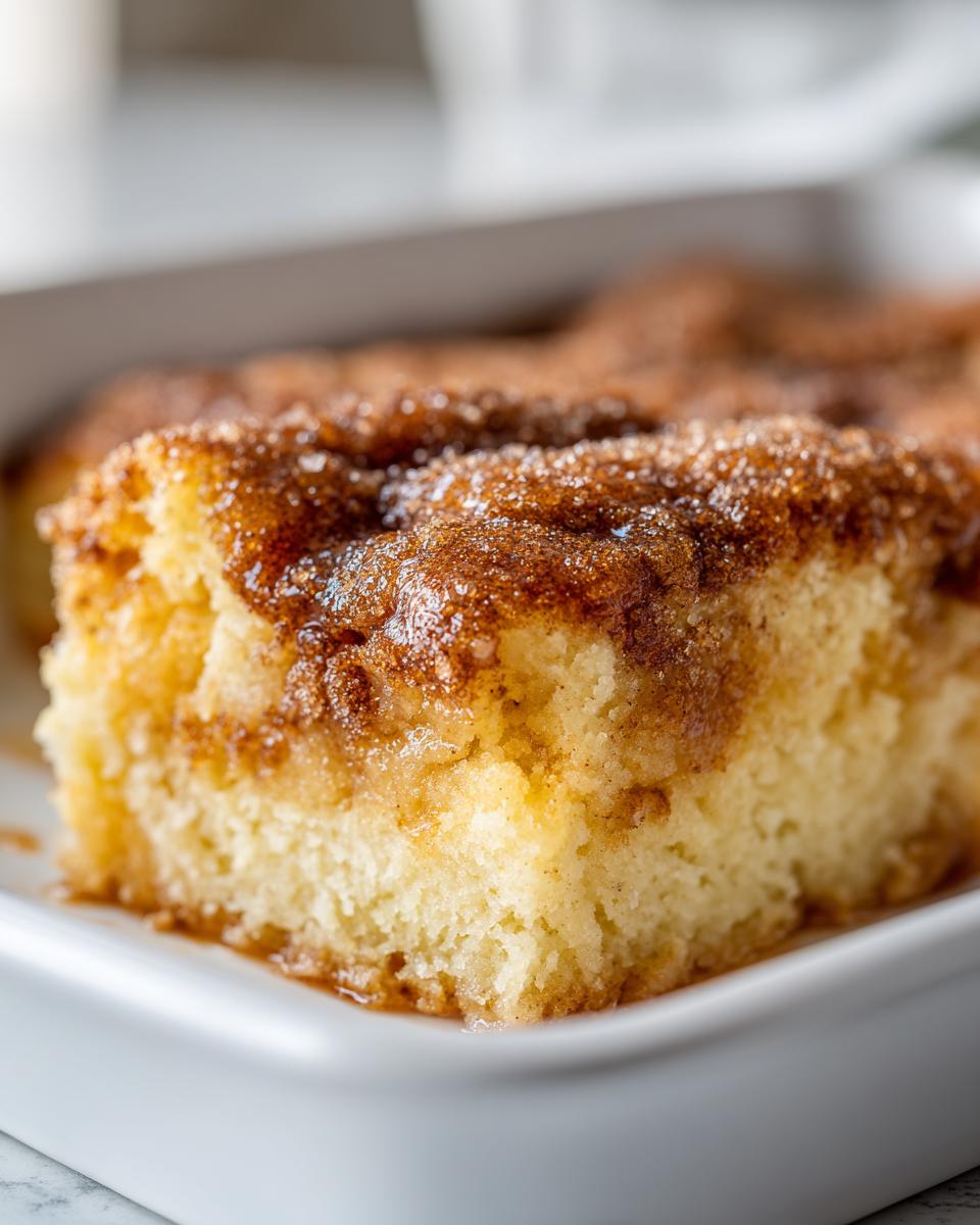 Close-up of a warm, gooey slice of snickerdoodle cobbler with a sugary cinnamon topping in a white dish.