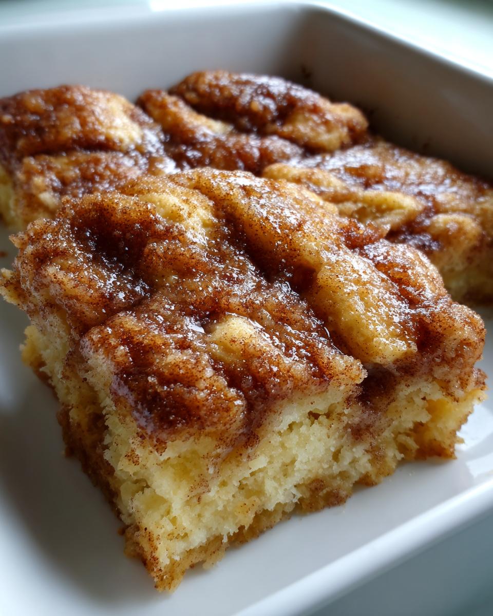 A close-up of a freshly cut, warm, gooey snickerdoodle cobbler square with a thick, sugary cinnamon topping.